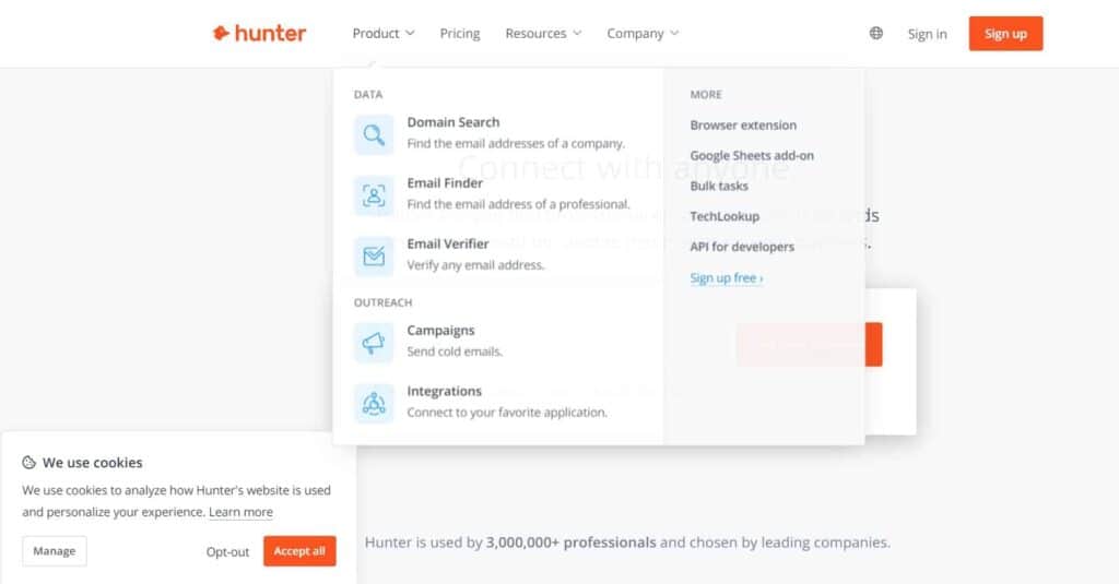 Hunter.io outreach tool key features