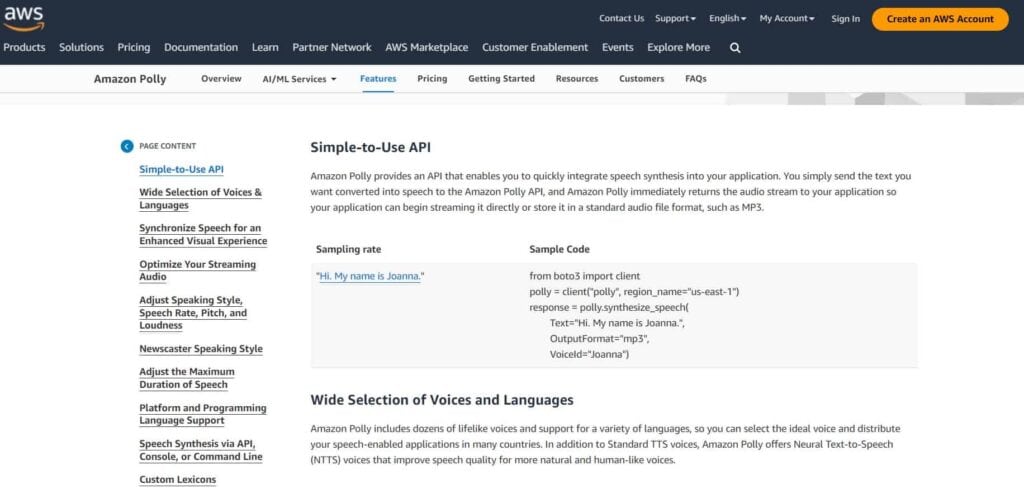 Amazon Polly best ai voice generator features
