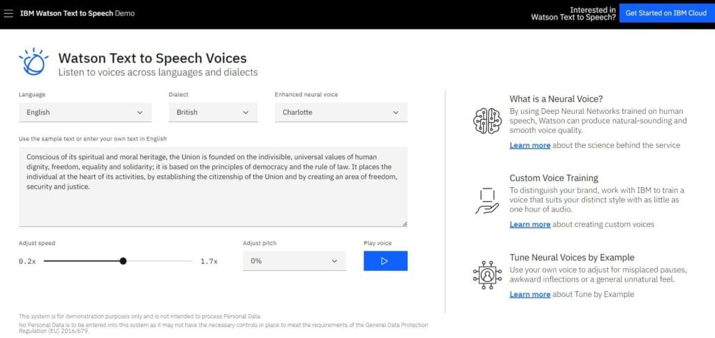 IBM Watson Text to Speech ai voice generator demo