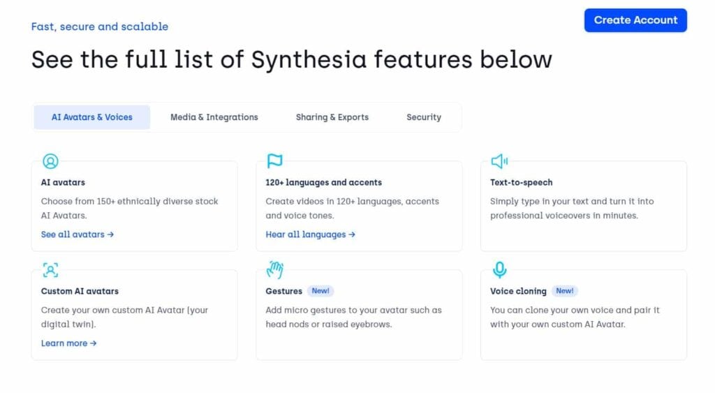 Synthesia AI video generation tool features