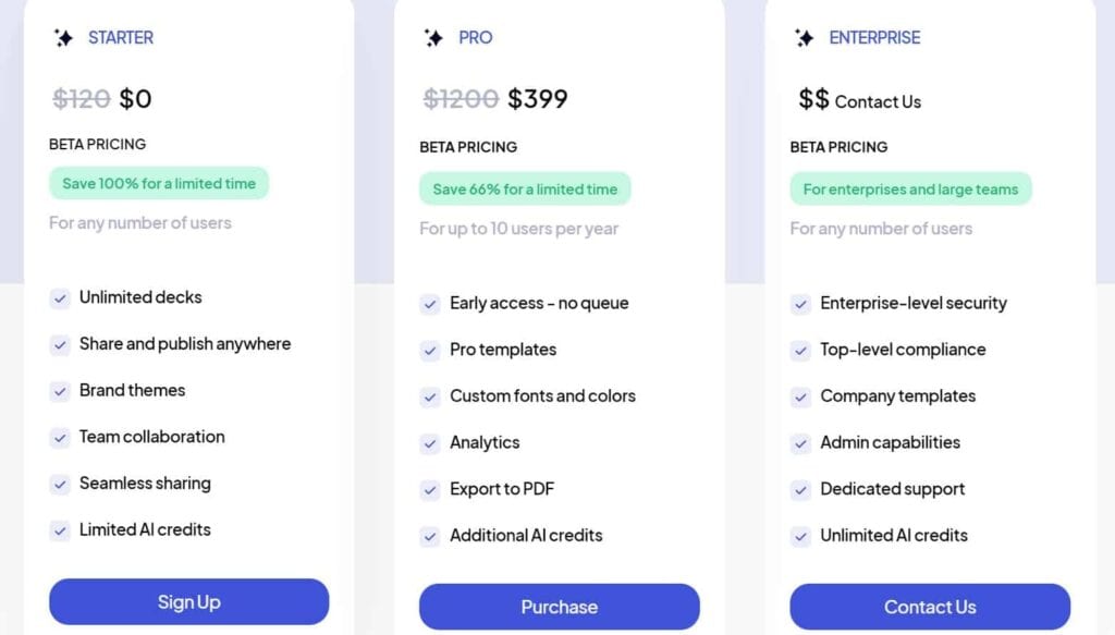 Presentations AI presentation software pricing