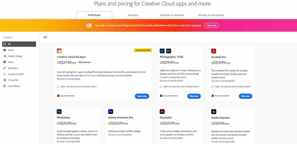 Adobe, Individuals Pricing , ai design software too 