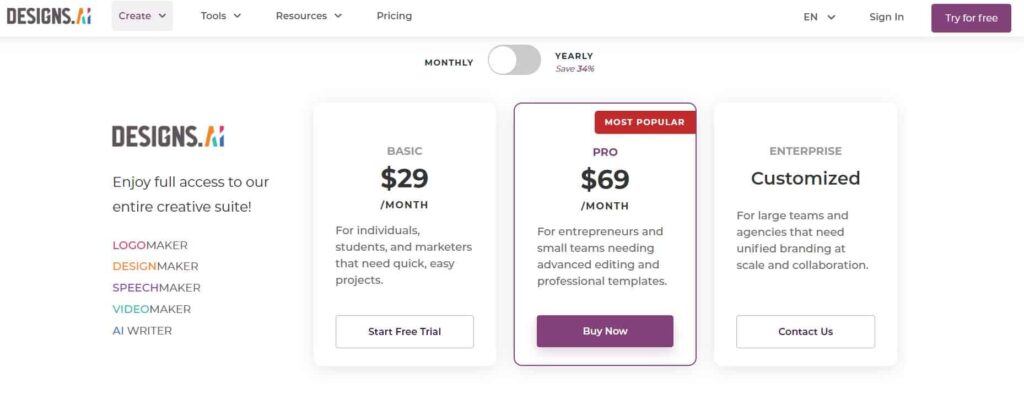 Designs.ai pricing