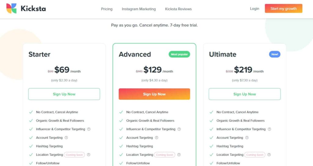 Kicksta instagram growth service, pricing 