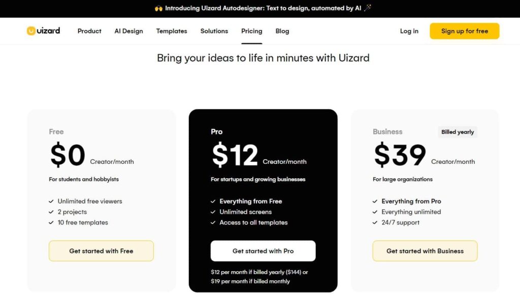 Uizard Pricing 